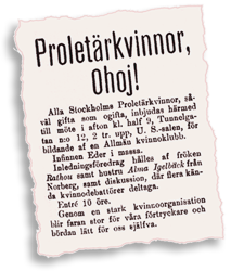 Annonsen med rubriken "Proletärkvinnor, Ohoj!"