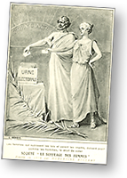 Vykort med en illustration av en man och en kvinna som båda lägger röstsedlar i en valurna