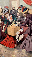 Illustration av några kvinnor som välter en valurna för att sabotera valet. De är iförda hattar och långa kjolar, och valsedlar far omkring