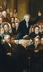 Detalj ur målning där en man talar med handen lyft medan kvinnor och män sitter och lyssnar runt om