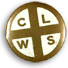 Rockmärke i guld och vitt med bokstäverna CLWS (Church League for Women's Suffrage)