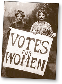 Foto av Annie Kenney och Christabel Pankhurst utomhus hållande ett plakat där det står Votes for Women