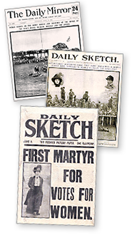 Exempel på två tidningars förstasidor. På den främsta står det: First martyr for votes for women