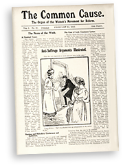 Omslag till tidningen The Common Cause med mest text och en illustration i mitten