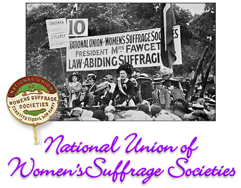 Rubrik: National Union of Women's Suffrage Societies, samt foto från en av deras demonstrationer och deras nål
