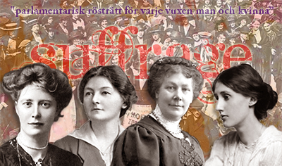 Fotomontage av fyra kvinnor i närbild och en stor folksamling i bakgrunden. Bakom kvinnorna står ordet "suffrage" i rött och överst står i lila "parlamentarisk rösträtt för varje vuxen man och kvinna"