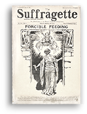 Omslag till tidningen The Suffragette, med en rubrik om "Forcible Feeding"