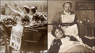 Till vänster två kvinnor i en vagn med massor av blommor och en skylt, de är glada och sträcker upp armarna, till höger en kvinna sängliggandes med en sköterska vid sängens huvudände