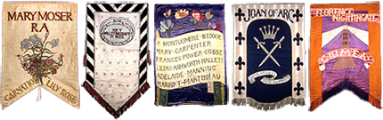 Fem standar för olika historiska kvinnor: Mary Moserra, Mary Wollstoncraft, flera kvinnor som nämns på en och samma, Jeanne d'Arc och Florence Nightingale