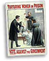 Affisch med en illustration av en kvinna som blir tvångsmatad av två män och en kvinna, ovanför står texten "Torturing Women in Prison" och under står "Vote Against the Government"
