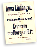 Affisch om att Anna Lindhagen ska tala i Folkets Hus på temat "Kvinnans medborgarrätt"