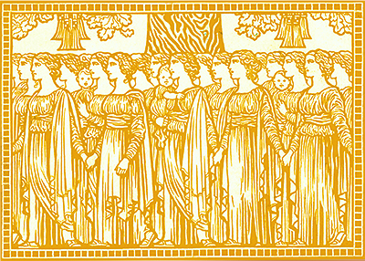 Illustration i fult och vitt med en rad av kvinnor i långa klänningar som alla ser och går åt vänster. Några bär barn på armen.
