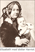 Foto av kvinna med ett litet barn (baby) i famnen och under bilden står: Elizabeth med dotter Harriot