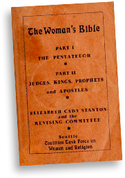 Omslag till tidig utgåva av boken "The Woman's Bible", och alltså ingen utsmyckning utan bara text på mörkorange botten med en tunn svart ram runt