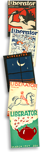 Fem omslag till tidningen The Liberator med illustrationer i starka färger