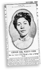 Tidningsklipp med bild av Mabel och texten: Chinese Girl Wants Vote