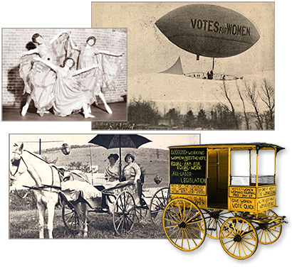 Fotocollage av dansuppvisning, en zeppelinare, två kvinnor med häst och vagn samt en vagn dekorerad med rösträttsbudskap