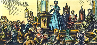 Illustration av kvinna som står på ett posie och talar inför många sittande framför henne. I bakgrunden sitter några kvinnor bakom henne på podiet. Illustrationen är färglagd i slaga färger