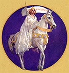 Illustration av Inez Milholland till häst i en cirkel med blå botten, resten av bakgrunden är gul. Hon håller i en fana som det står "Forward into light" på
