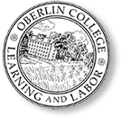 Oberlin College symbol med ett hus, namnet och texten: Learning and Labor