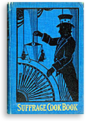 En blå bok med en man och en vågskål och under det texten: Suffrage Cook Book