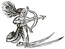 Illustration av en skidgudinna med pilbåge i handen, åkande skidor så att håret flyger bakom henne
