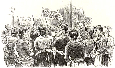 Illustration av kvinnor som samlas i en demonstration med banderoller