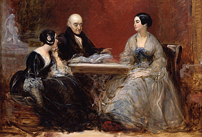 Något beskuren målning av tre presoner, två kvinnor och en man, som sitter vid ett bord och ser ut att vara mitt i ett samtal