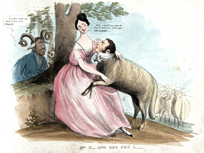 Illustration av Caroline Norton och hennes man samt påstådda älskare skildrade som får