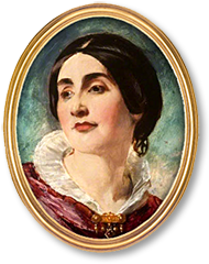 Porträttmålning av en mörkhårig kvinna med oval guldram