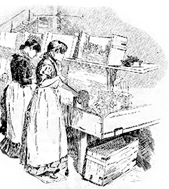 Teckning av två flickor som jobbar i tändsticksfabrik, troligen med tändsmeten som sätts på tändstickorna