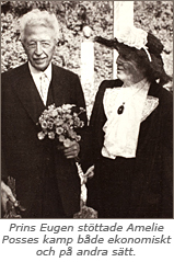 Foto av Prins Eugen med blommor i handen bredvid Amelie Posse, under står texten: Prins Eugen stöttade Amelie Posses kamp både ekonomiskt och på andra sätt