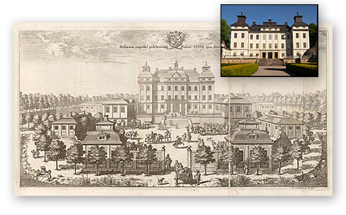 Sjöö slott på en ritning från 1696 och på en liten bild från idag