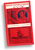 Omslag till boken Ett köpmanshus i skärgården, rött med illustrationer i svart och texten i rött på vit bakgrund