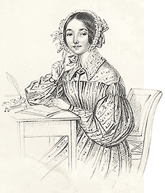 Emililie tecknad sittande framför papper och fjäderpenna vid ett bord. Hon ser på den som tecknar henne