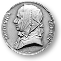 Silvermynt eller medalj med Fredrika Bremers bild och hennes namn runt om