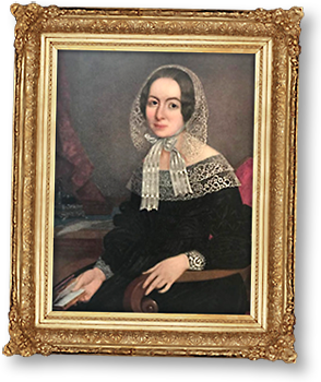 Porträttmålning av Fredrika Bremer sittande på en stol, med spetshätta och spetskrage mot en svart klänning. Insatt i en bred guldram