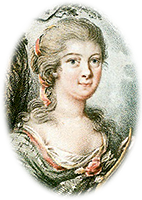 Illustration av ung Hedvig Charlotta Nordenflykt med kläder i grönt och rosa, och rosa band som går igen i håret