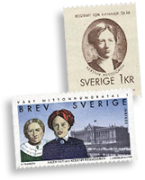 Två frimärken, ett med Kerstin Hesselgren och ett med henne och Ellen Key