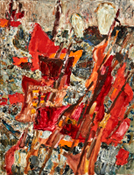 Expressionistisk målning av demonstrationståg med massor av röda fanor