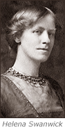 Porträttfoto av en kvinna med halsband. Hon ser snett åt höger. Under bilden står: Helena Swanwick
