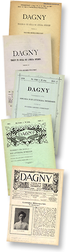 Fem omslag till tidningen Dagny under olika år. De har olika färger och de sista har Dagnys logotype (de första har bara ordet rakt upp och ner)