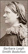 Porträttfoto av Barbara Leigh Smith Bodichon i profil med hennes namn under. Hon har håret uppsatt i en frisyr med flätor