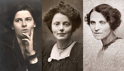 Bruntonade porträttfotografier av Rebecca West, Mary Gawthorpe och Dora Marsden.