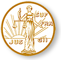 Symbolen för  JUS SUF FRA GII, Justitia med vågskålen i handen, soluppgången i bakgrunden och texten intill