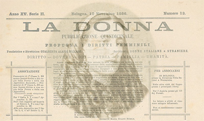 Tidningshuvud för La Donna 1886, med Alaides huvud suddigt inlagt