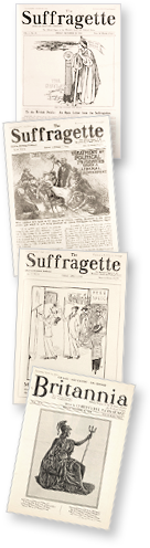 Bild av omslag till fyra nummer av tidningen The Suffragette