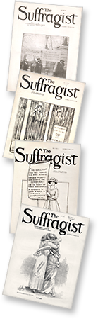 Fyra omslag till tidningen The Suffragists, tre med illustrationer och ett med ett foto