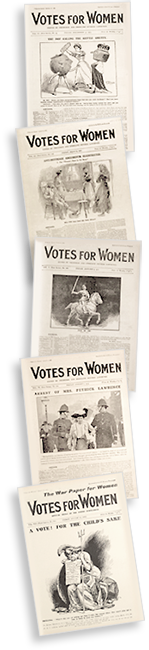 Bilder av omslag till fem nummer av Votes for Women