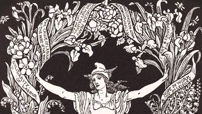Del av en illustration av en kvinna som håller upp en väldig blomsterkrans med girlanger med olika text på, som till exempel: Solidarity of Labour